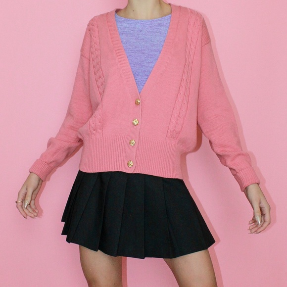 VTG 90s/y2k Mauve 100% Cotton Deep V-Neck Chunky Knit Fisherman Cardigan - Small - Picture 2 of 9